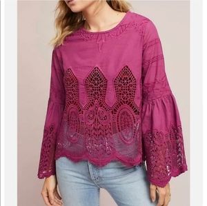 CHLOE OLIVER Bell Sleeve Lace Top Anthropologie XS Plum Purple Bohemian